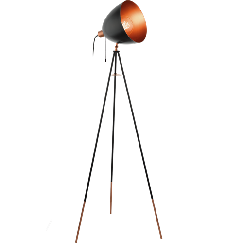 Chester Gulvlampe i metal Sort og Kobber, med afbryder snortræk på lampe, MAX 60W E27, diameter 60 cm, højde 135 cm.